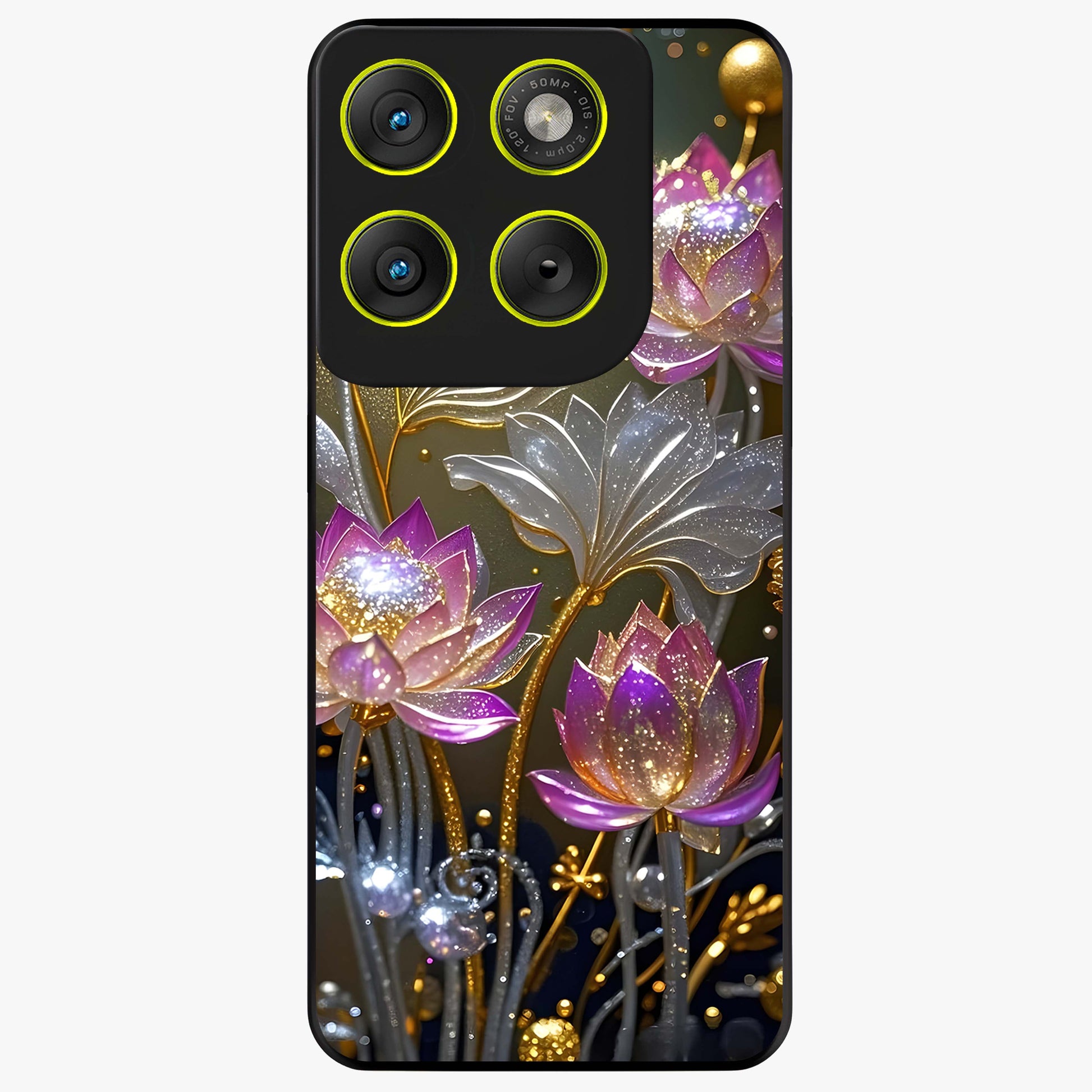 Golden Lotus Glow Glass Case showing flat back view with glowing lotus flower artwork and glossy glass finish.