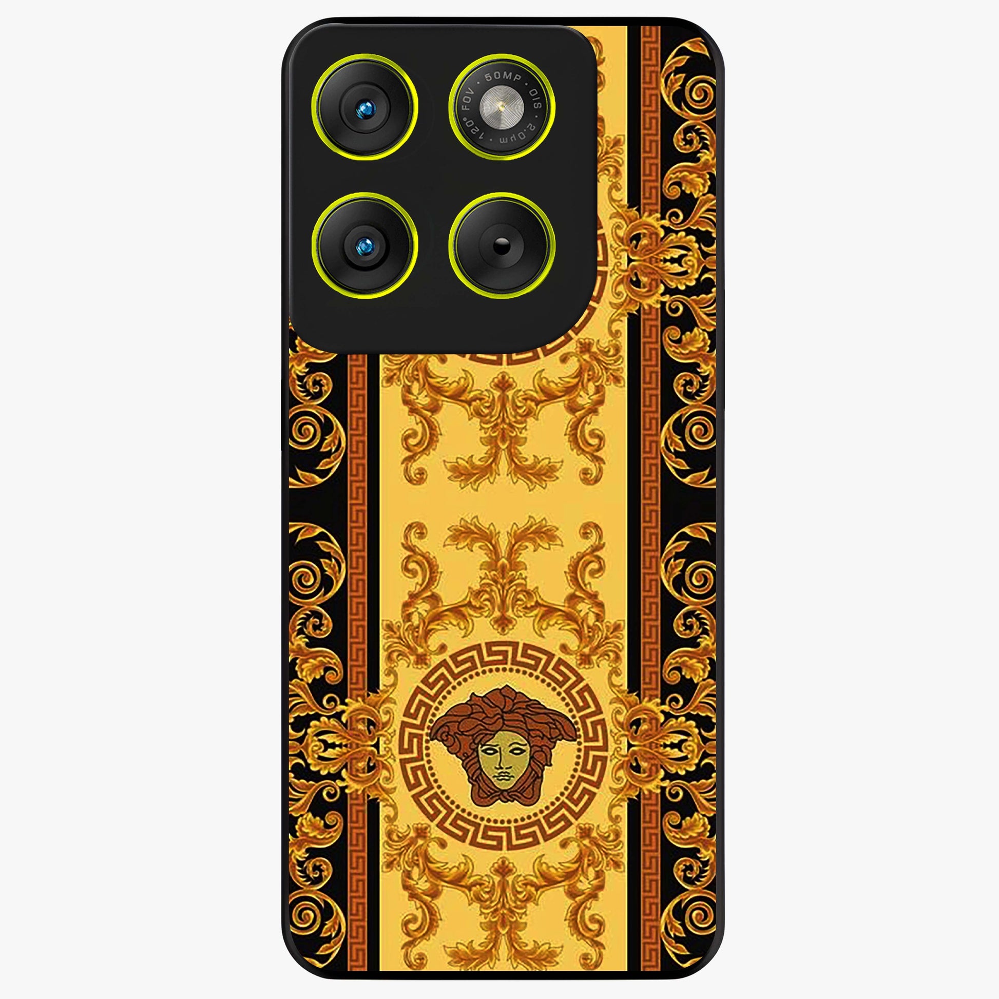 Golden Royal Heritage Glass Case showing flat back view with ornate royal pattern artwork and glossy glass finish.