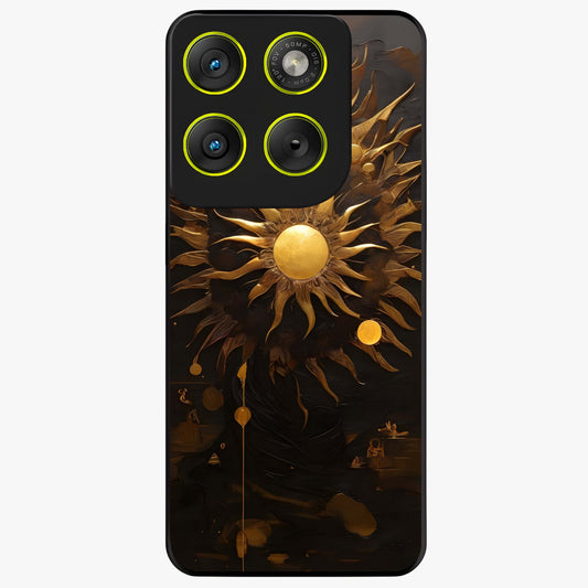 Golden Sun Majesty Glass Case showing flat back view with radiant golden sun artwork and glossy glass finish.