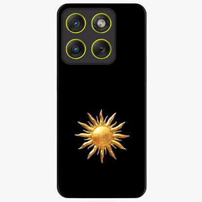 Golden Sun Minimalism Glass Case showing flat back view with minimal golden sun artwork and glossy glass finish.