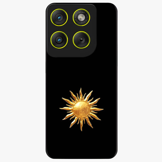 Golden Sun Minimalism Glass Case showing flat back view with minimal golden sun artwork and glossy glass finish.