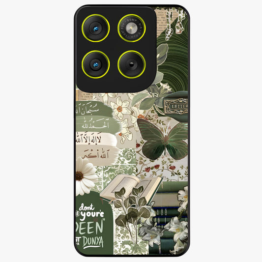 Green Islamic Books Quotes Glass Case showing flat back view with Islamic quotes and book themed artwork and glossy glass finish.
