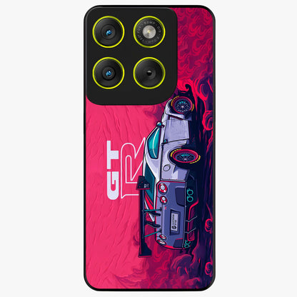 GT-R Car Pattern Glass Case showing flat back view with sporty car inspired pattern artwork and glossy glass finish.