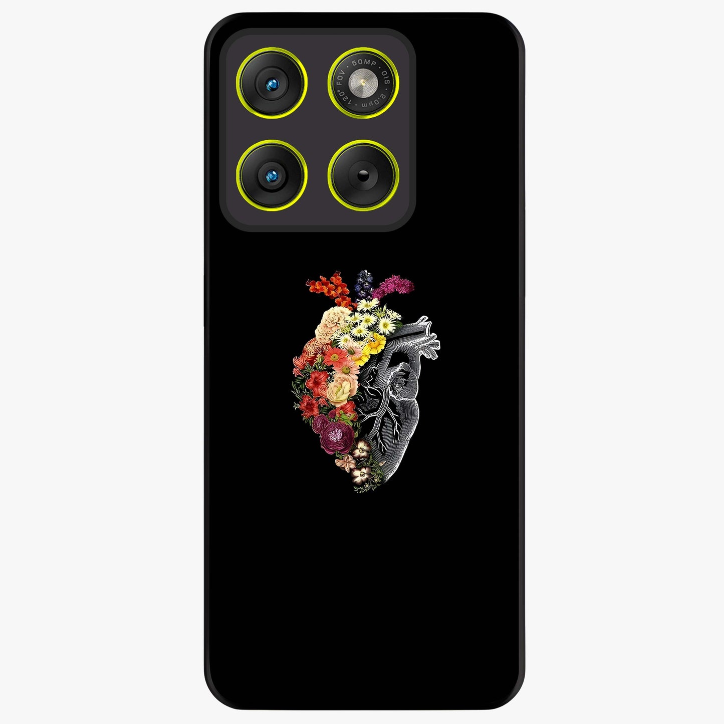Heart With Flowers Glass Case showing flat back view with heart shaped floral artwork and glossy glass finish.