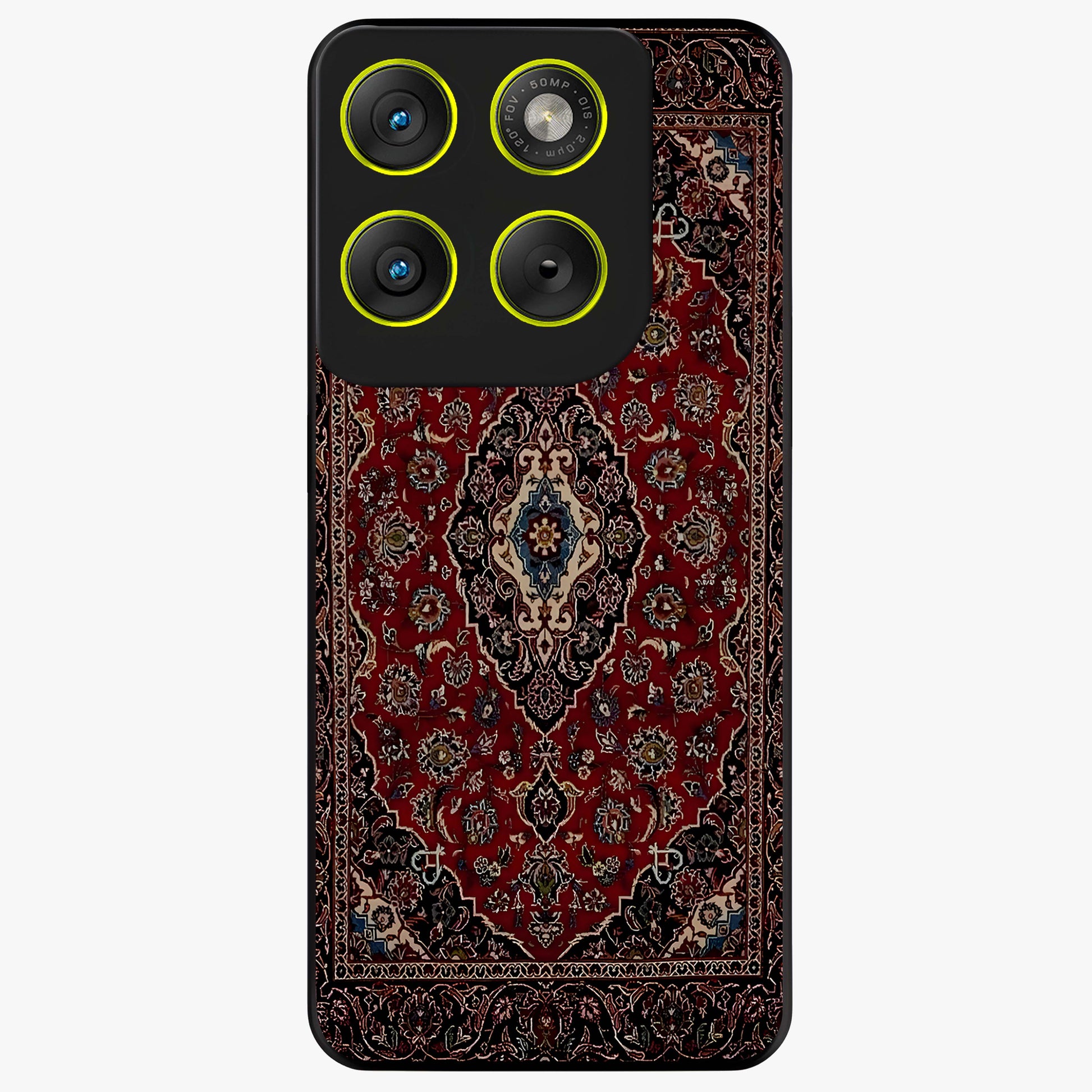 Heritage Carpet Royale Glass Case showing flat back view with ornate Persian carpet inspired pattern and glossy glass finish.