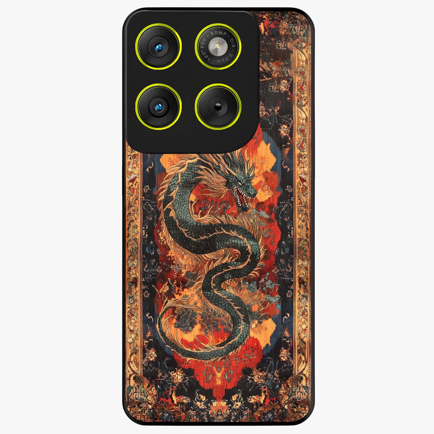 Inferno Dragon Soul Glass Case showing flat back view with fiery dragon artwork and glossy glass finish.