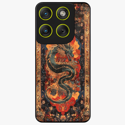 Inferno Dragon Soul Glass Case showing flat back view with fiery dragon artwork and glossy glass finish.