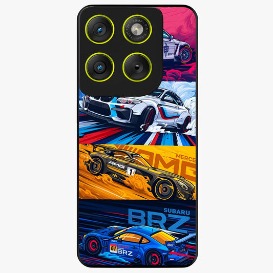 JDM Sports Car Glass Case showing flat back view with high performance sports car artwork and glossy glass finish.
