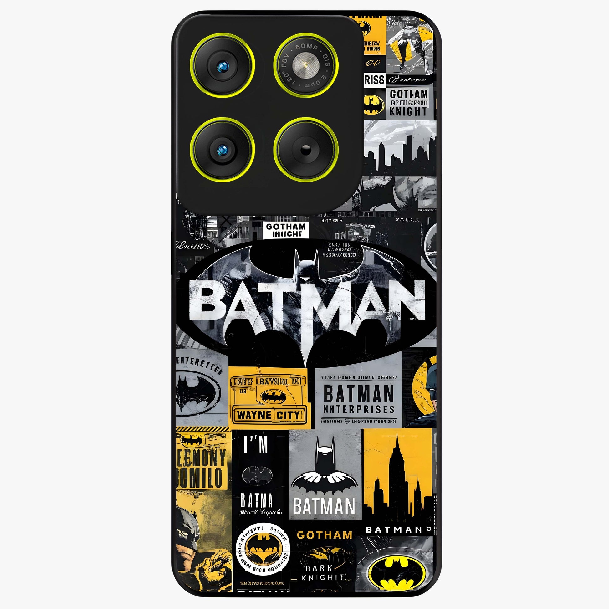 Knight Gotham Rise Glass Case showing flat back view with dark hero inspired artwork and glossy glass finish.