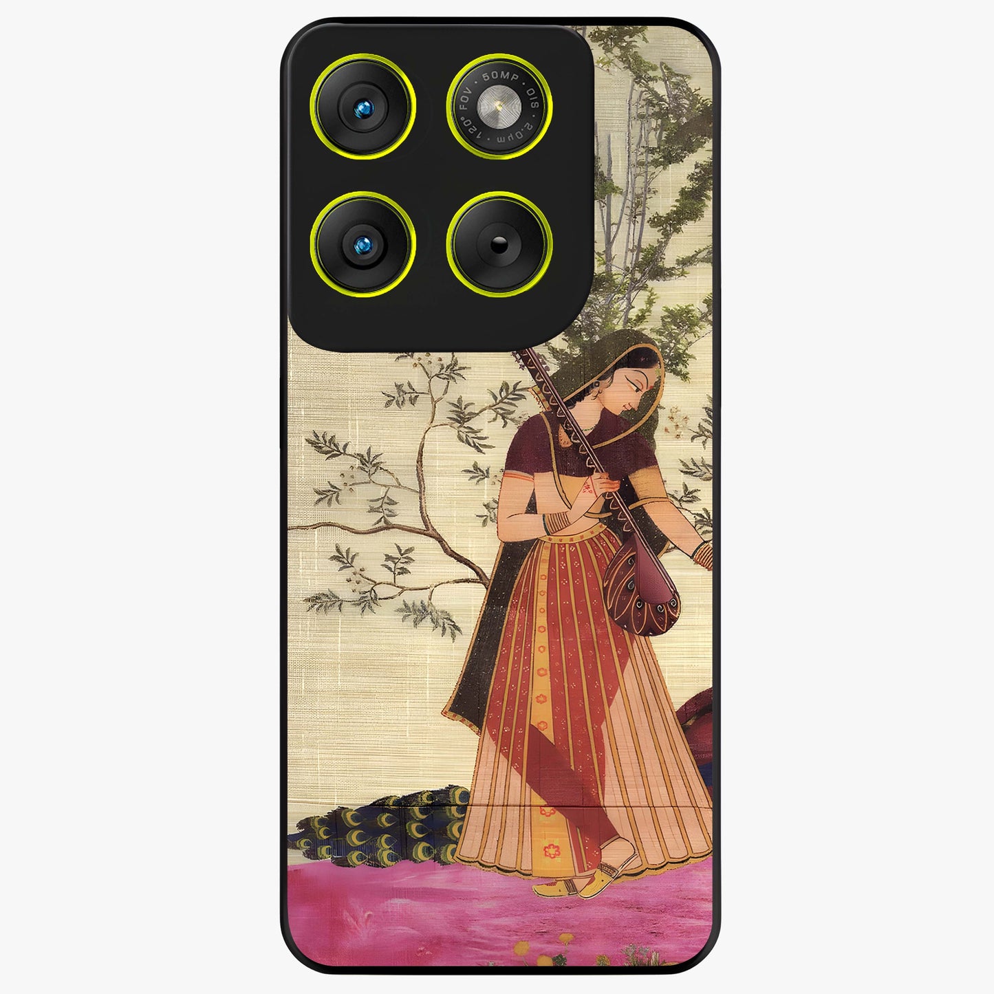 Lady With Veena Art Glass Case showing flat back view with elegant woman playing veena artwork and glossy glass finish.