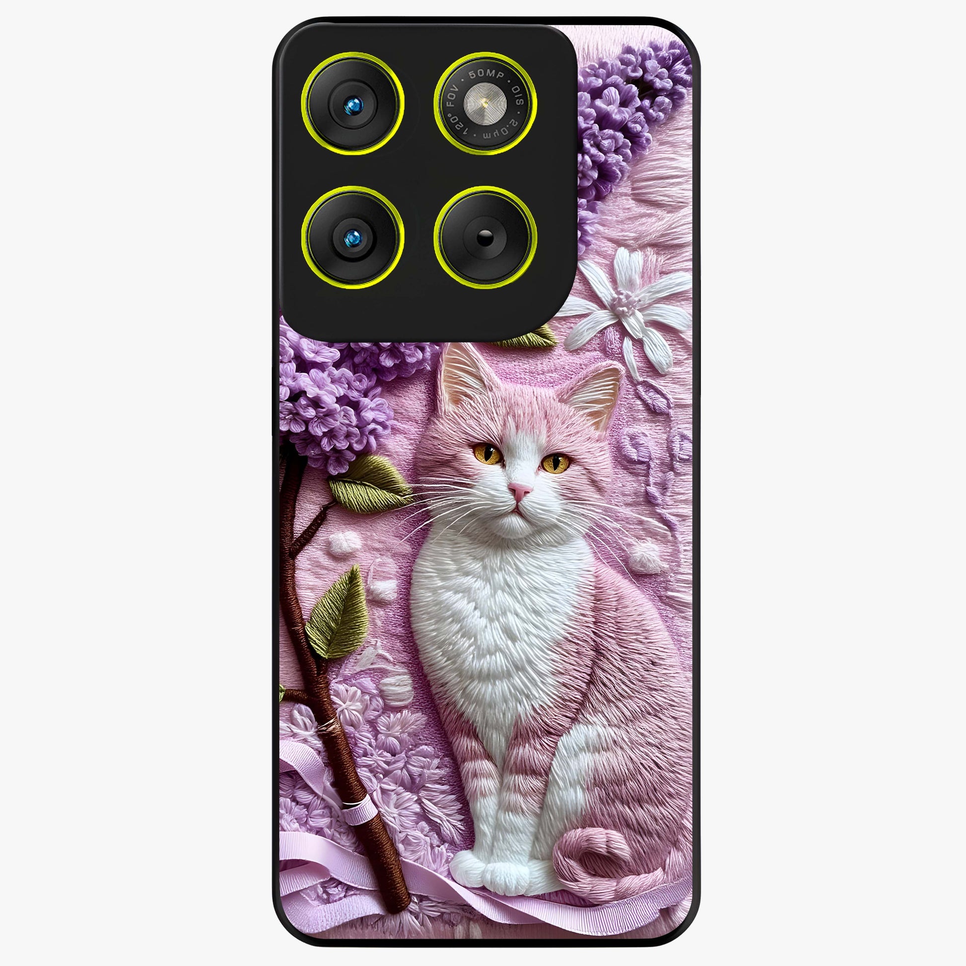 Lavender Cat Whimsy Glass Case showing flat back view with cute lavender cat artwork and glossy glass finish.