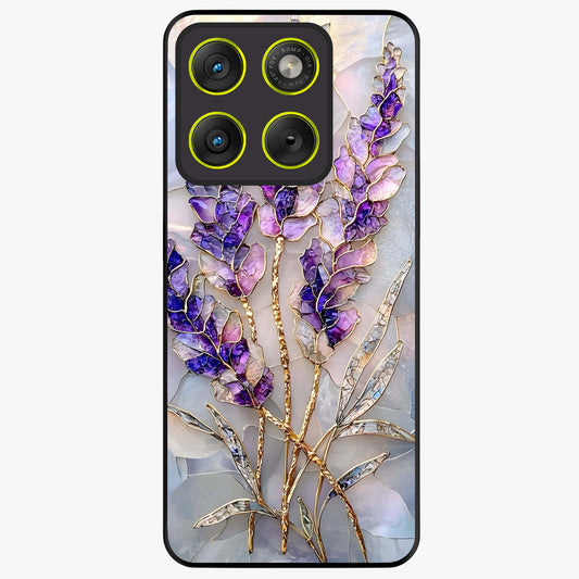 Lavender Dream Glow Glass Case showing flat back view with glowing lavender aesthetic artwork and glossy glass finish.