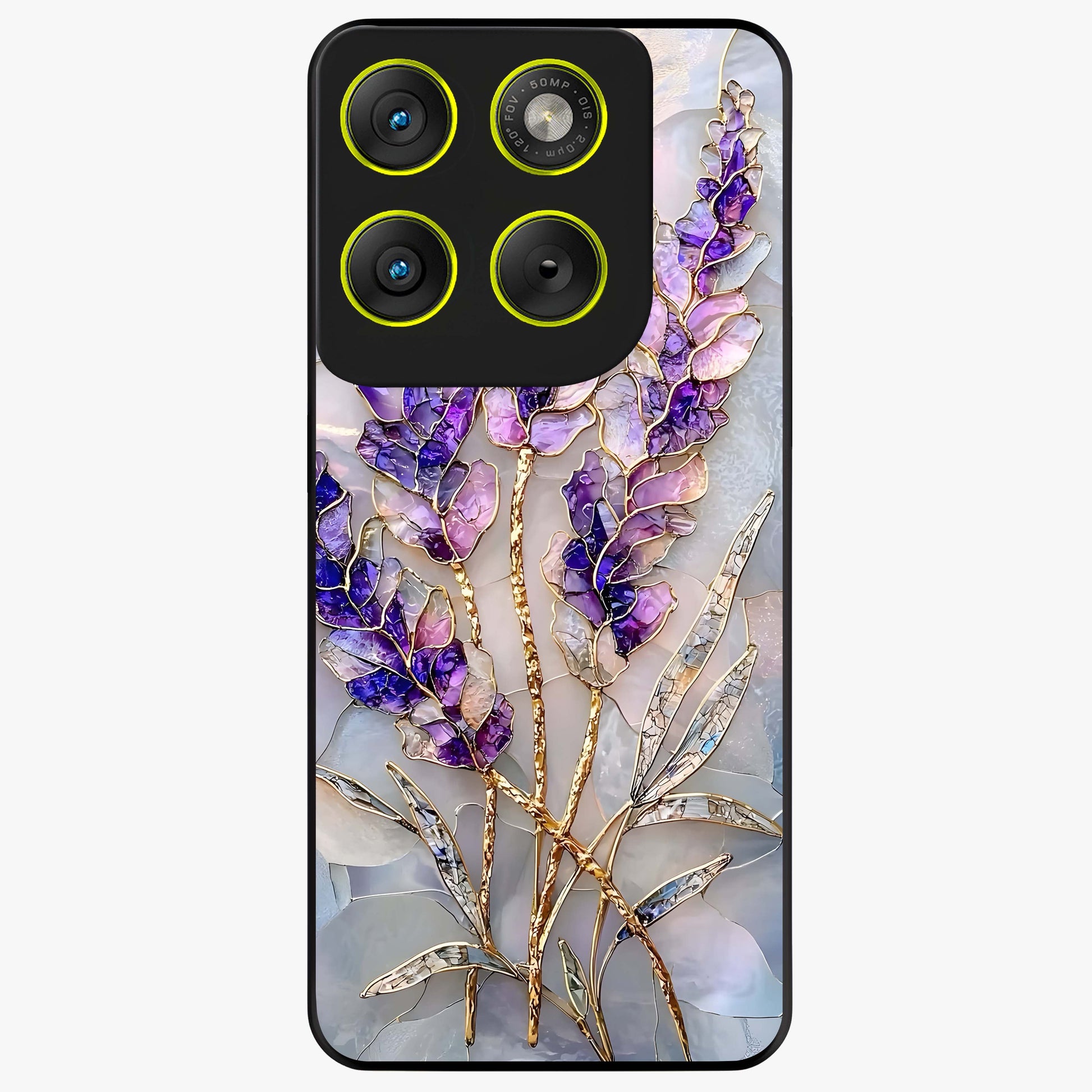 Lavender Dream Glow Glass Case showing flat back view with glowing lavender aesthetic artwork and glossy glass finish.