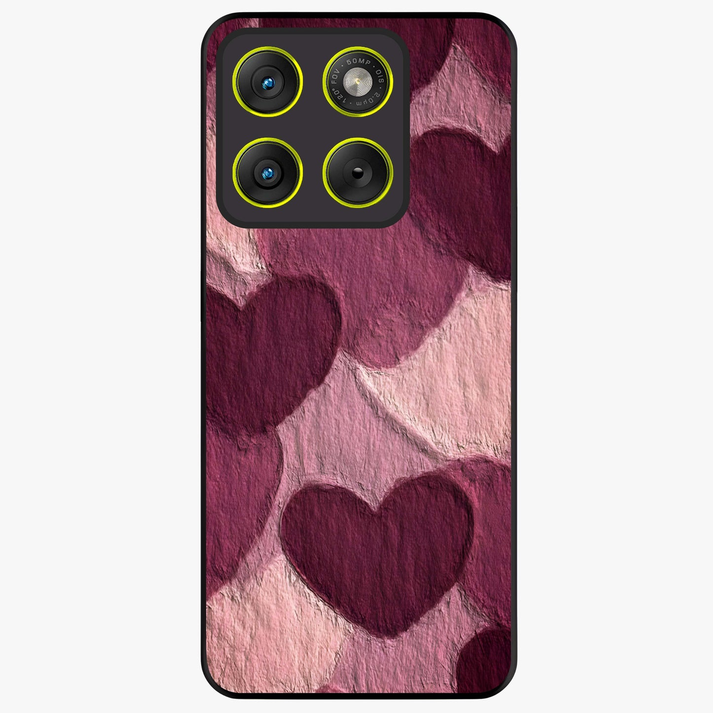 Layered Paper Hearts Glass Case showing flat back view with layered paper heart artwork and glossy glass finish.