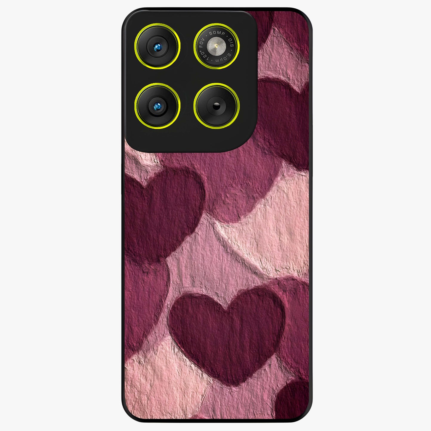 Layered Paper Hearts Glass Case showing flat back view with layered paper heart artwork and glossy glass finish.