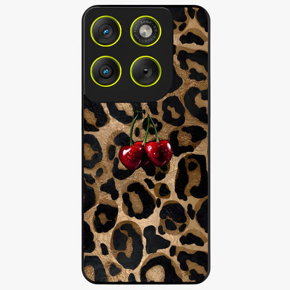Leopard Wild Cherry Glass Case showing flat back view with leopard pattern and cherry artwork and glossy glass finish.