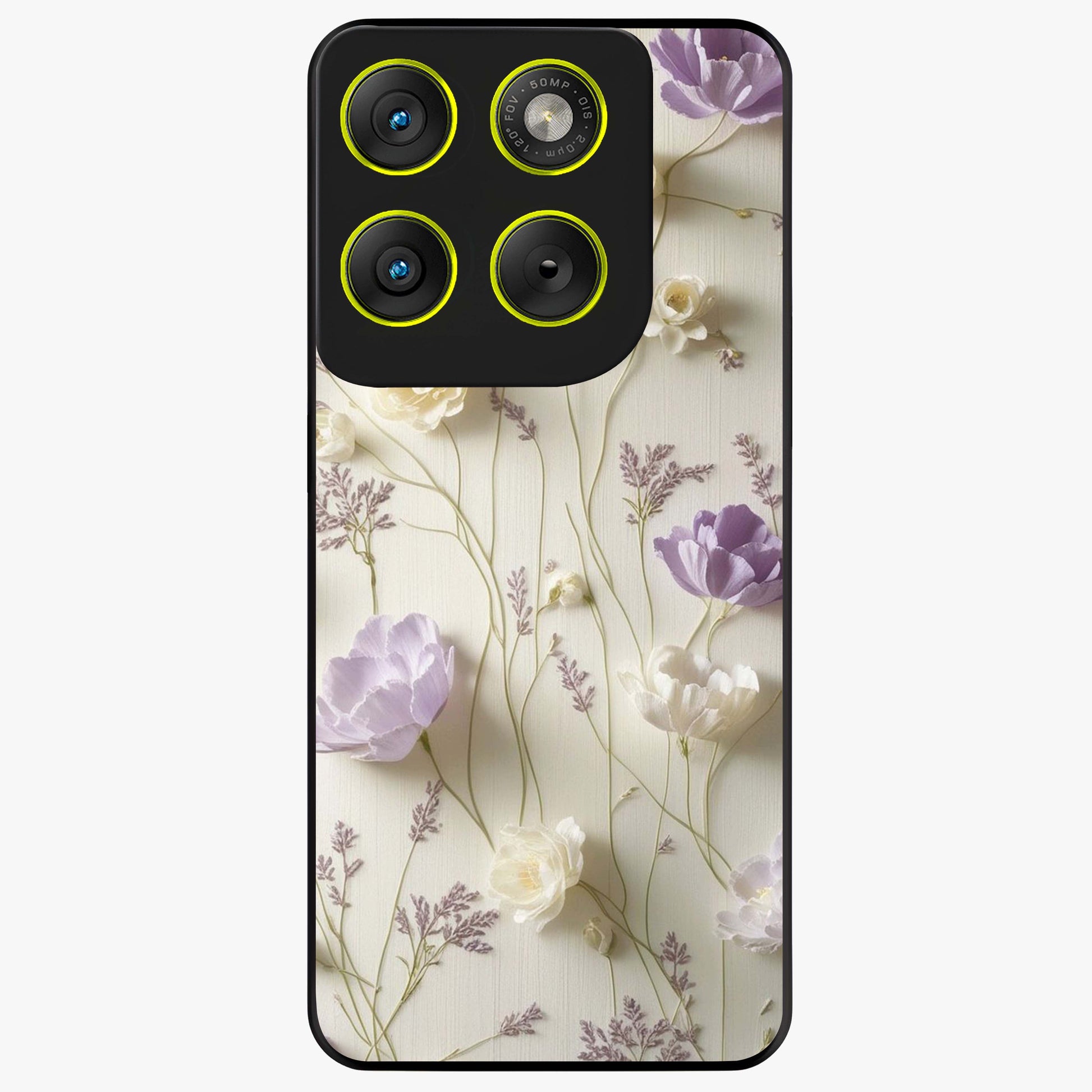 Lilac Breeze Harmony Glass Case showing flat back view with soft lilac themed artwork and glossy glass finish.