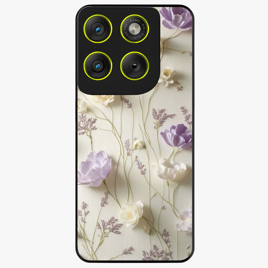 Lilac Breeze Harmony Glass Case showing flat back view with soft lilac themed artwork and glossy glass finish.