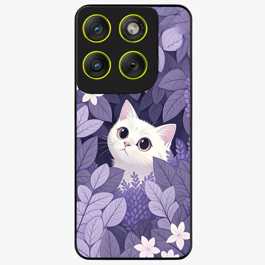 Lilac Hide Peek Cat Glass Case showing flat back view with cute peeking cat artwork and glossy glass finish.