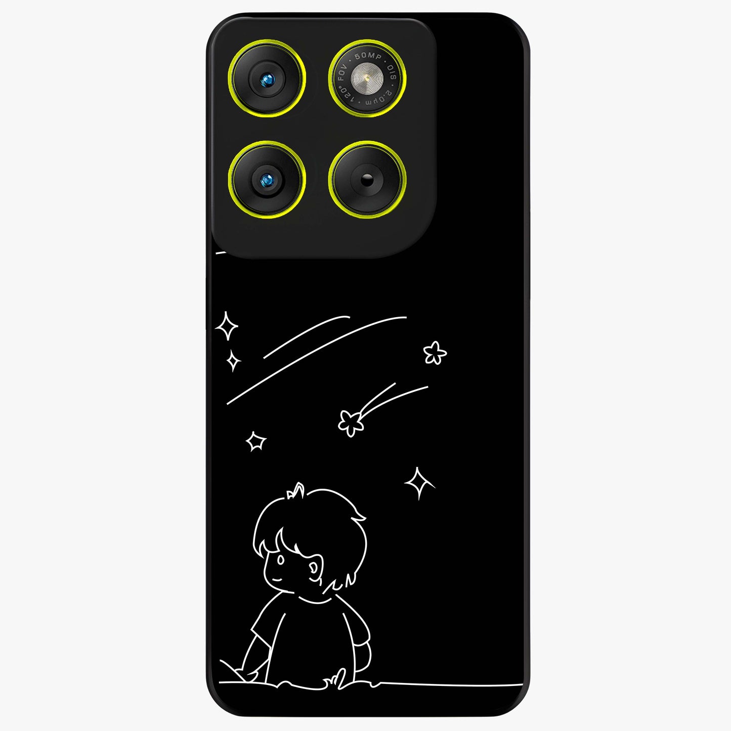 Line Art Boy With Shooting Stars Glass Case showing flat back view with minimal line art boy and shooting stars illustration and glossy glass finish.