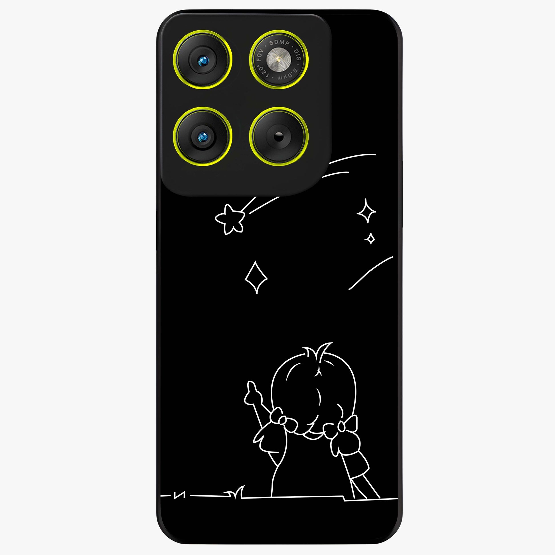 Line Art Girl With Shooting Stars Glass Case showing flat back view with minimal line art girl and shooting stars illustration and glossy glass finish.