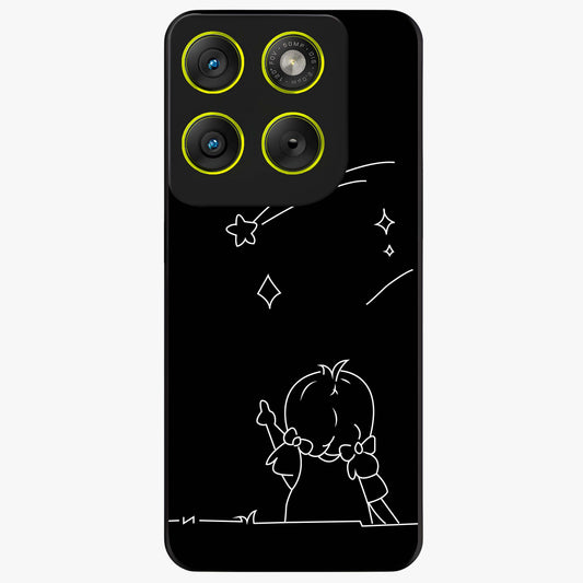 Line Art Girl With Shooting Stars Glass Case showing flat back view with minimal line art girl and shooting stars illustration and glossy glass finish.