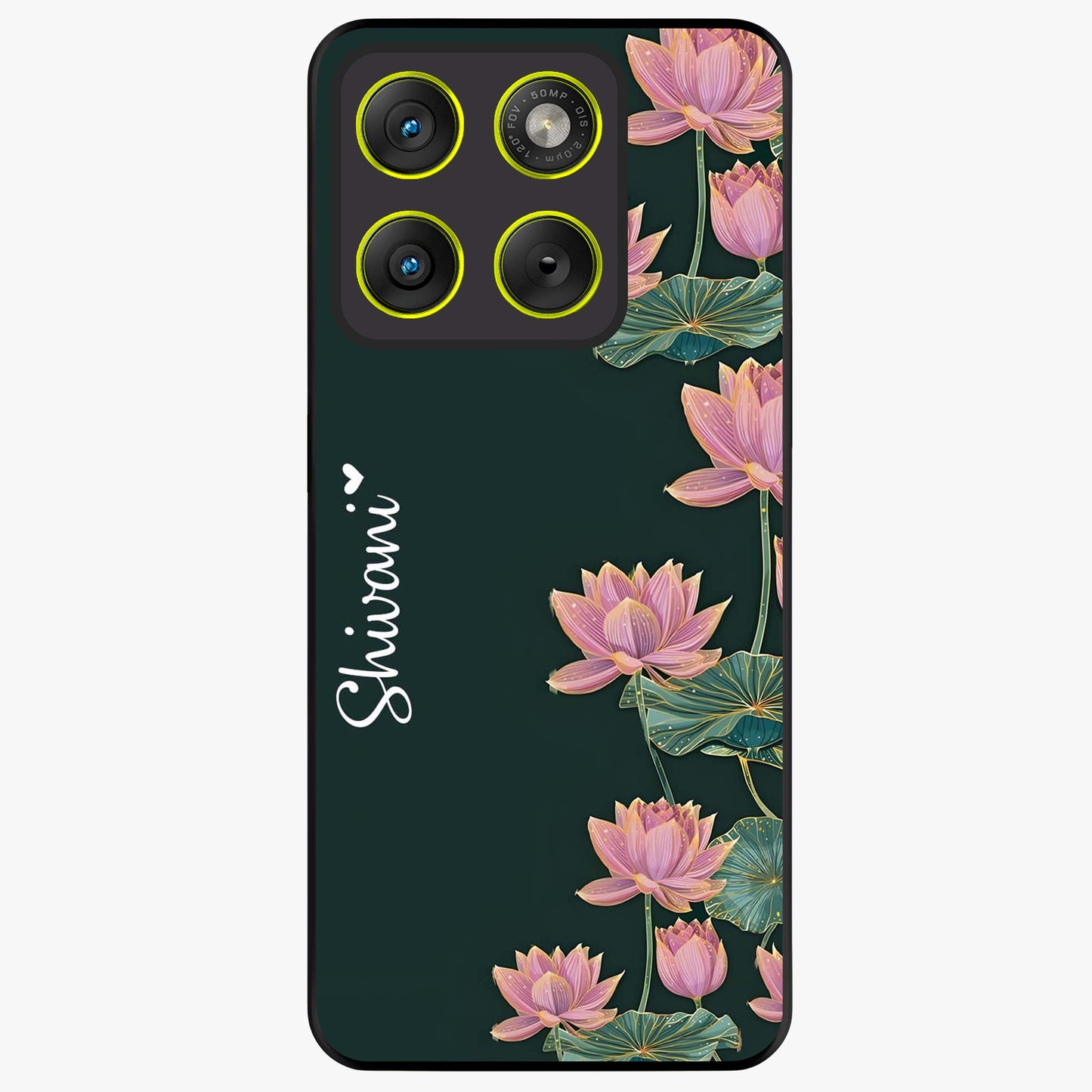 Lotus Bloom Serenity Custom Name Glass Case showing flat back view with elegant lotus flower artwork and personalized name design.