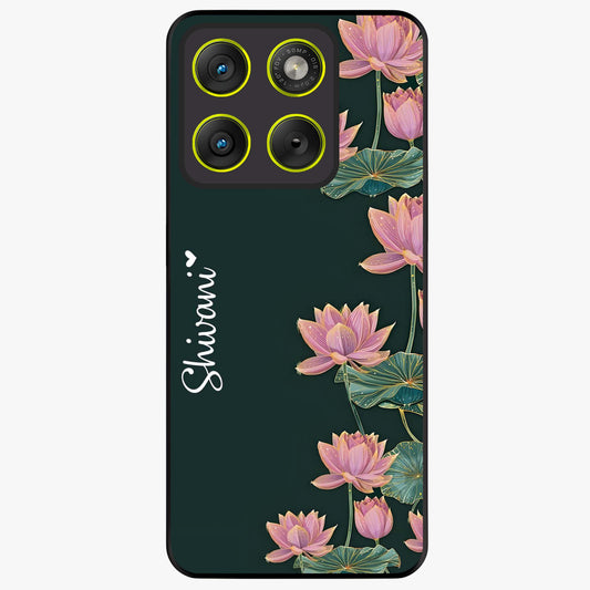 Lotus Bloom Serenity Custom Name Glass Case showing flat back view with elegant lotus flower artwork and personalized name design.
