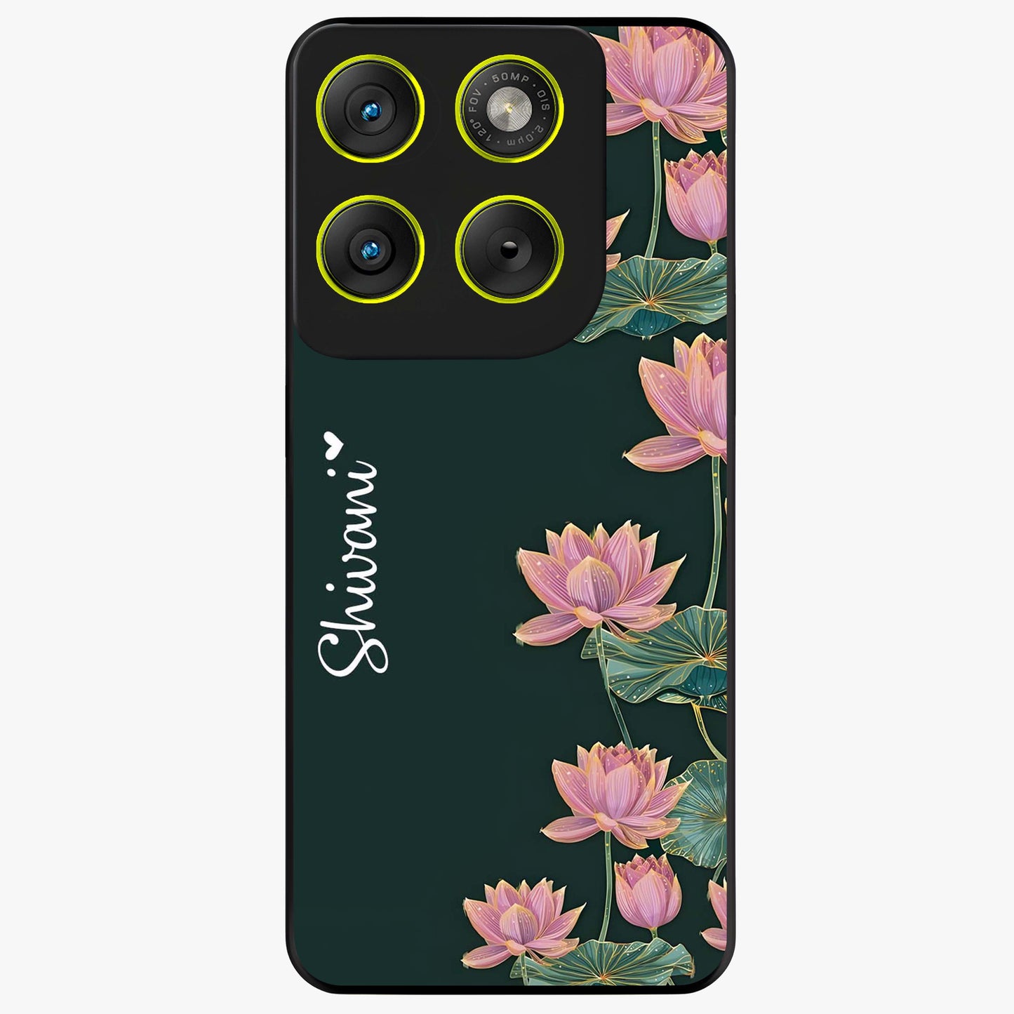 Lotus Bloom Serenity Custom Name Glass Case showing flat back view with elegant lotus flower artwork and personalized name design.