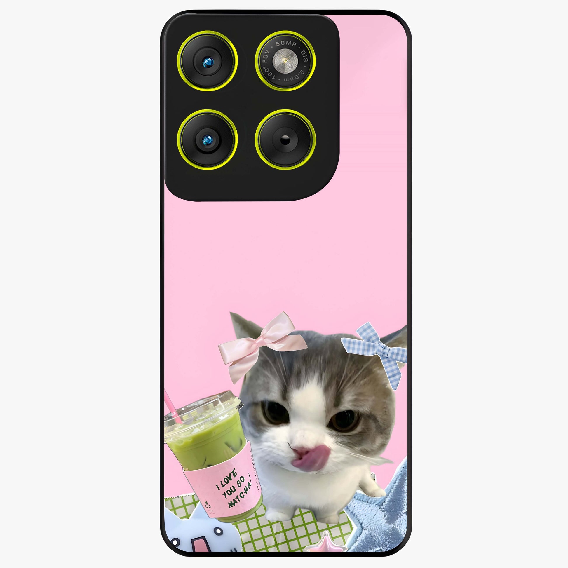 Love Matcha Cat Glass Case showing flat back view with cute cat and matcha themed artwork and glossy glass finish.