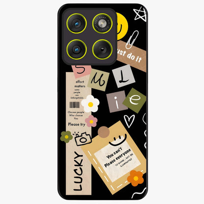 Lucky Aesthetic Collage Glass Case showing flat back view with trendy aesthetic collage artwork and glossy glass finish.