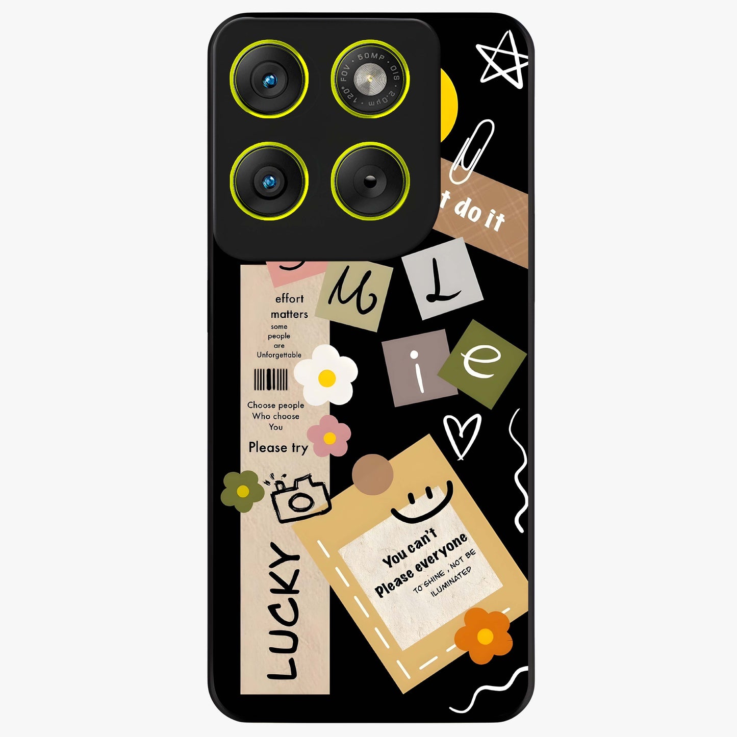 Lucky Aesthetic Collage Glass Case showing flat back view with trendy aesthetic collage artwork and glossy glass finish.