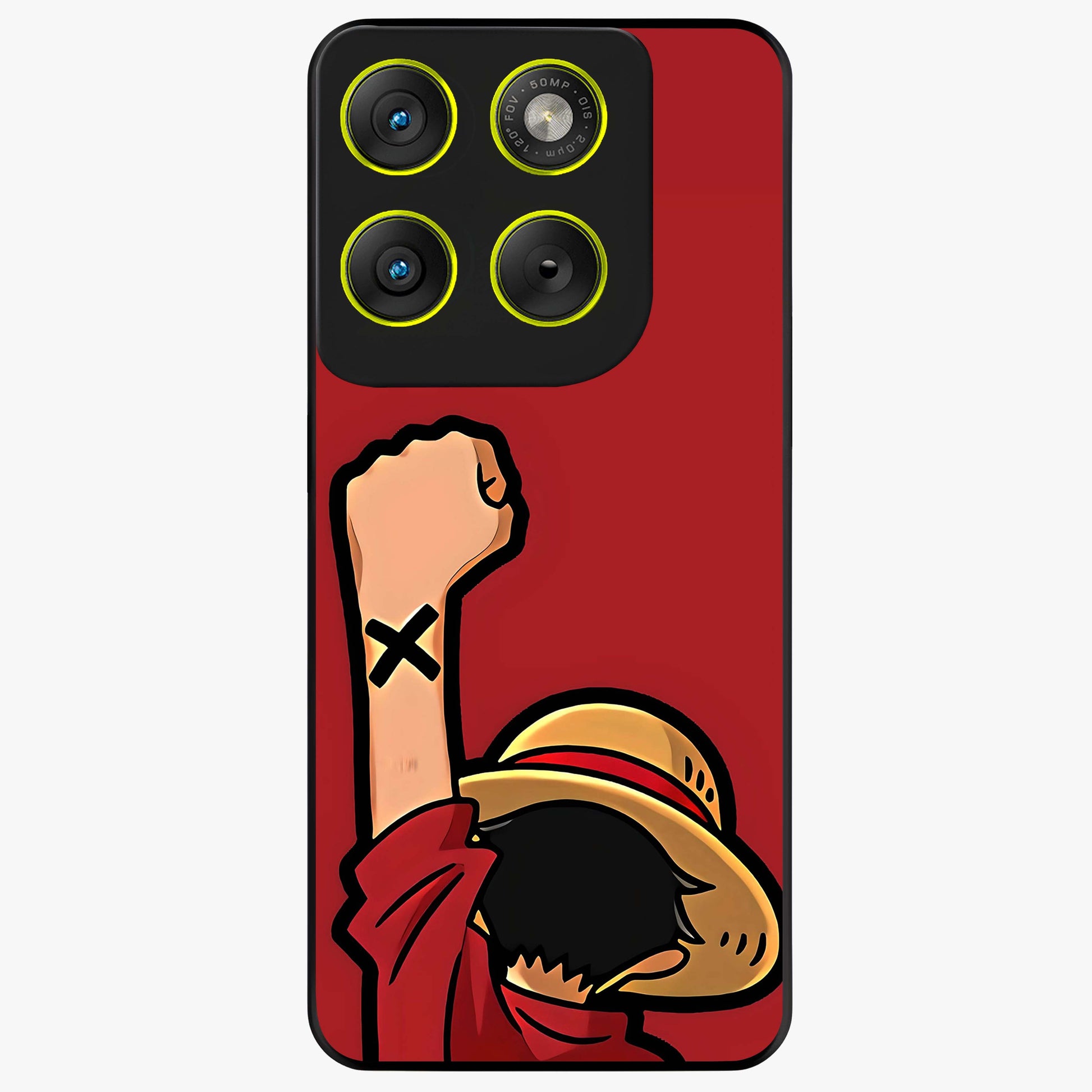 Luffy X Spirit Glass Case showing flat back view with bold anime character artwork and glossy glass finish.