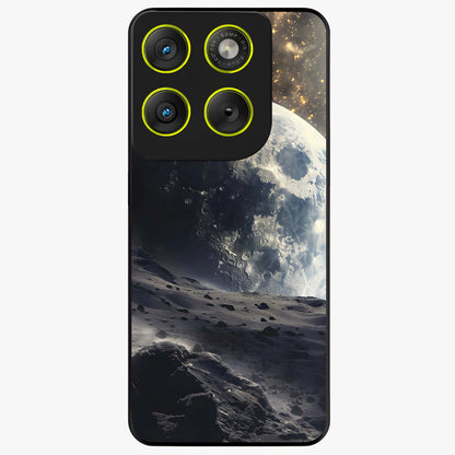 Lunar Horizon Glow Glass Case showing flat back view with glowing moon horizon artwork and glossy glass finish.