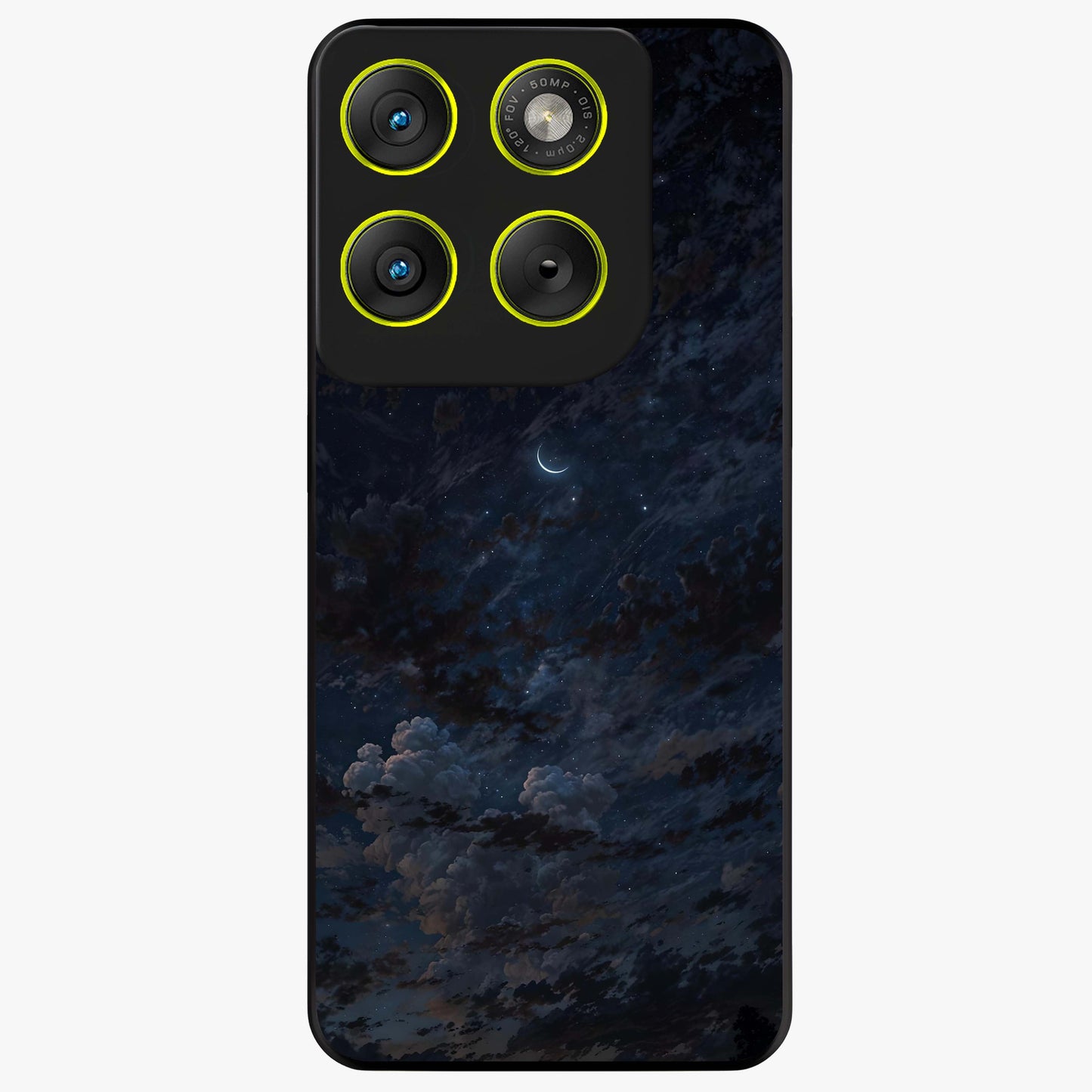 Lunar Veil Silence Glass Case showing flat back view with mystical moon veil artwork and glossy glass finish.
