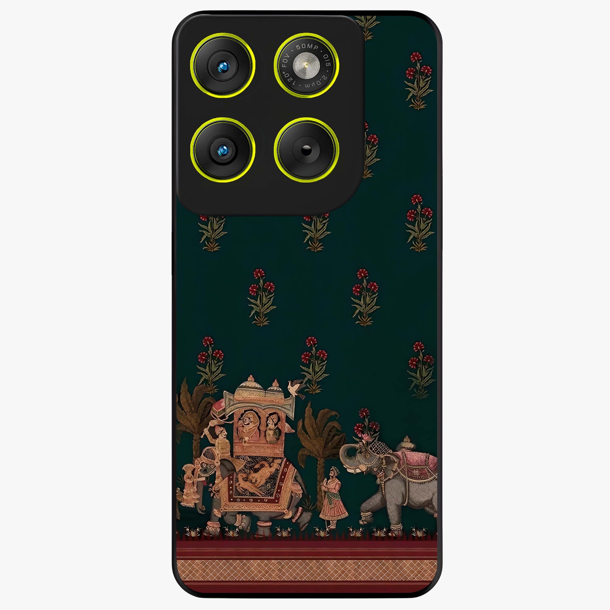 Macmerise Glass Case showing flat back view with stylish modern artwork and glossy glass finish.