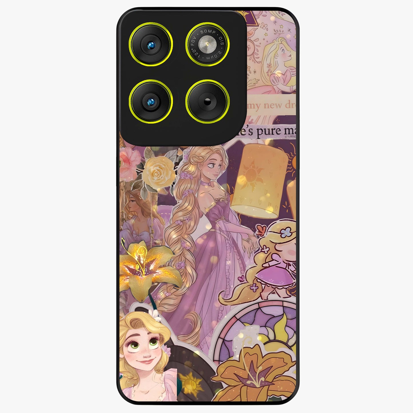 Magical Tangled Dream Glass Case showing flat back view with dreamy tangled artwork and glossy glass finish.