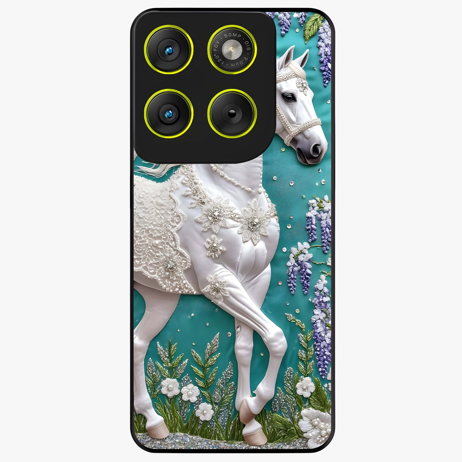 Majestic Floral Stallion Glass Case showing flat back view with powerful horse and floral artwork and glossy glass finish.