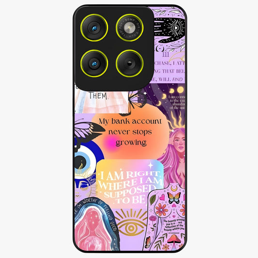 Manifestation Collage Glass Case showing flat back view with motivational collage artwork and glossy glass finish.