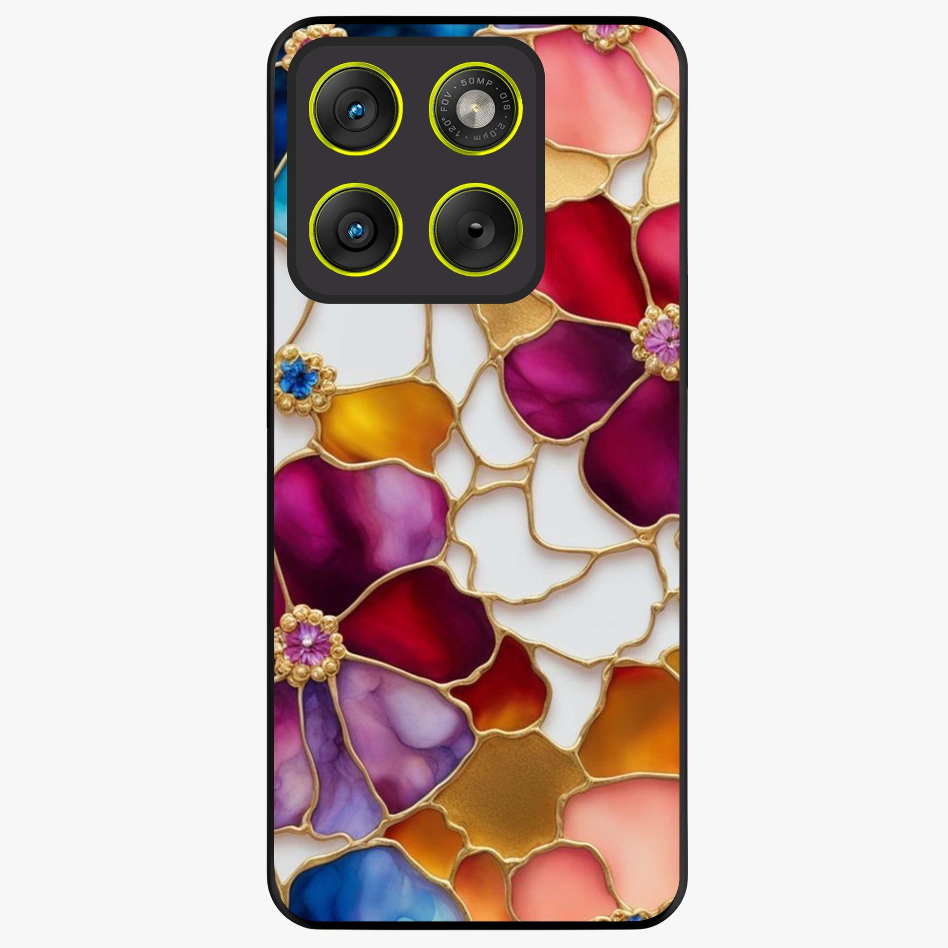 Marble Flower Pattern Glass Case showing flat back view with marble texture floral artwork and glossy glass finish.