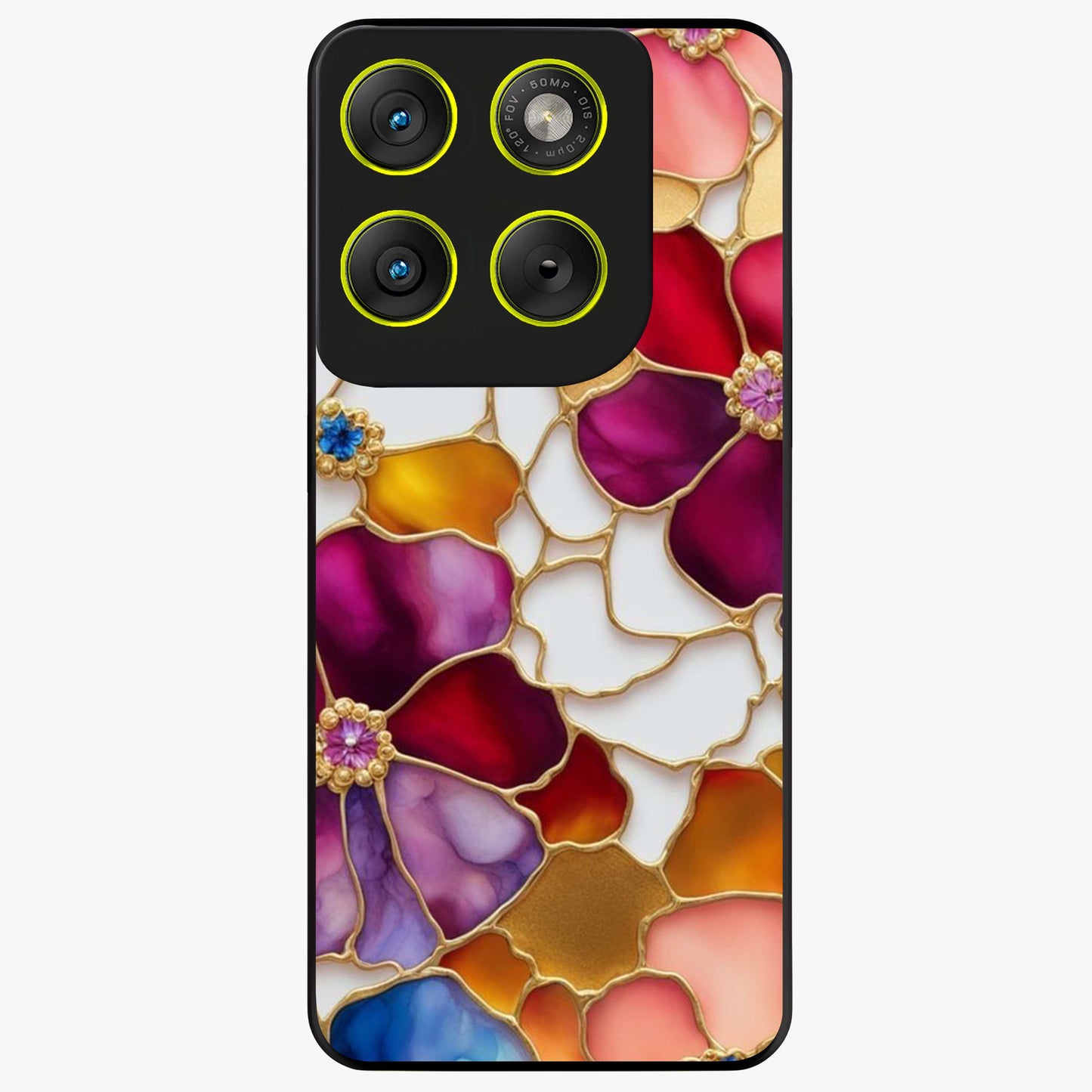 Marble Flower Pattern Glass Case showing flat back view with marble texture floral artwork and glossy glass finish.