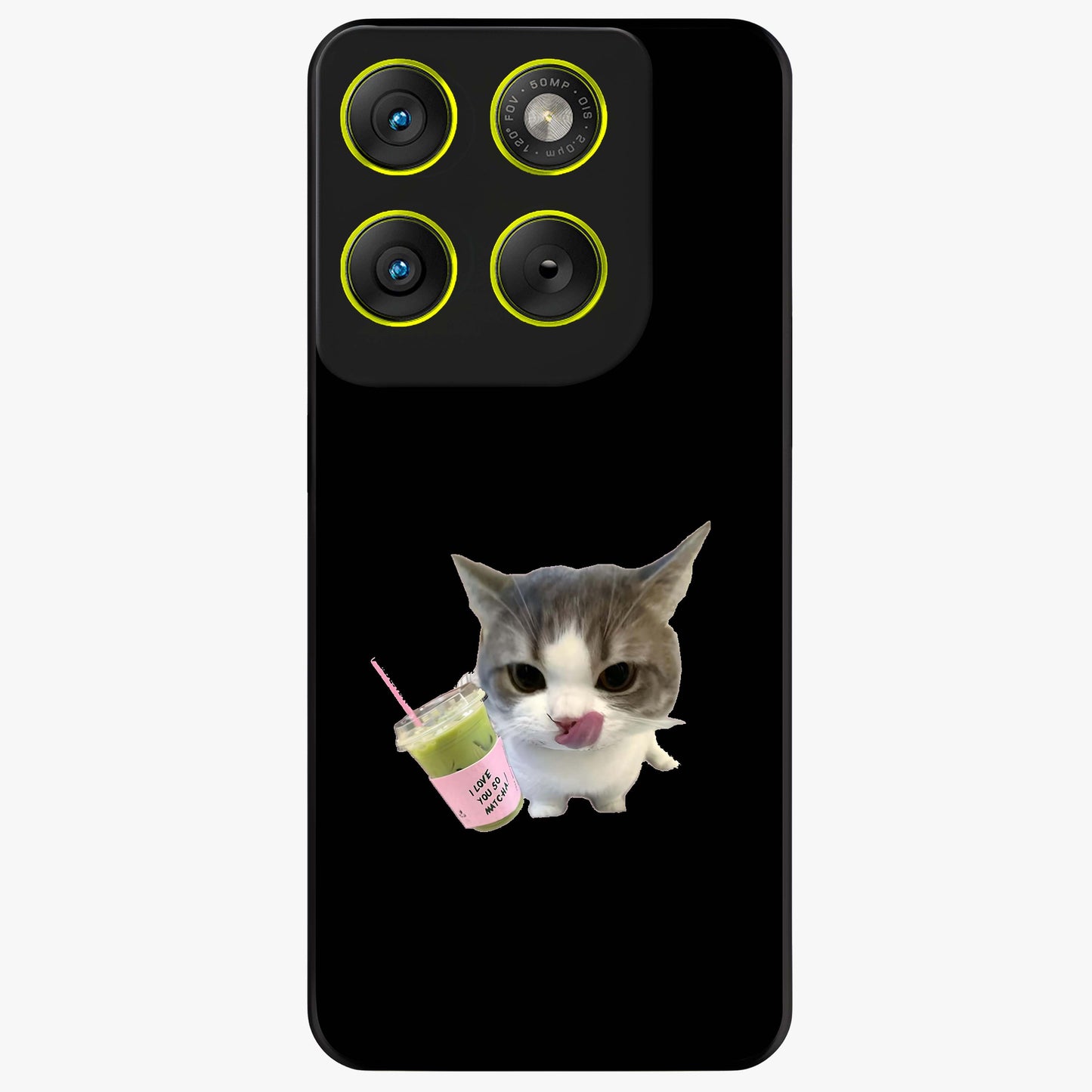 Matcha Cat Style Glass Case showing flat back view with cute matcha themed cat artwork and glossy glass finish.