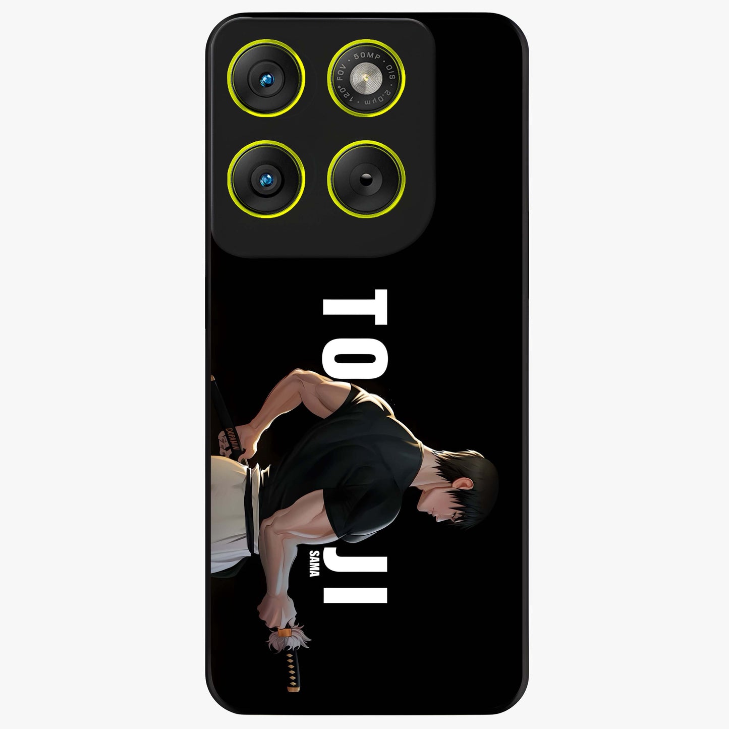Midnight Blade Resolve Glass Case showing flat back view with dark warrior sword artwork and glossy glass finish.