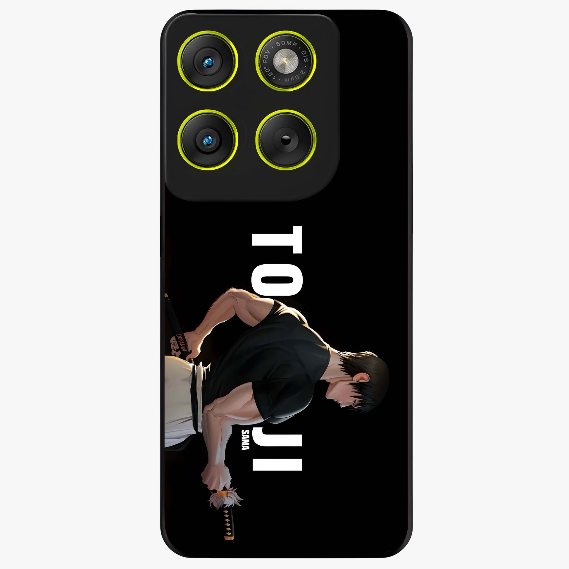 Midnight Blade Resolve Glass Case showing flat back view with dark warrior sword artwork and glossy glass finish.