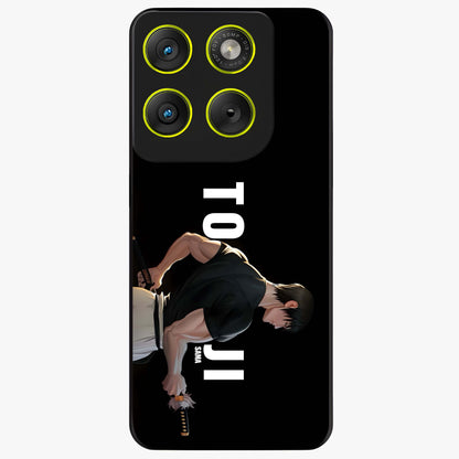 Midnight Blade Resolve Glass Case showing flat back view with dark warrior sword artwork and glossy glass finish.
