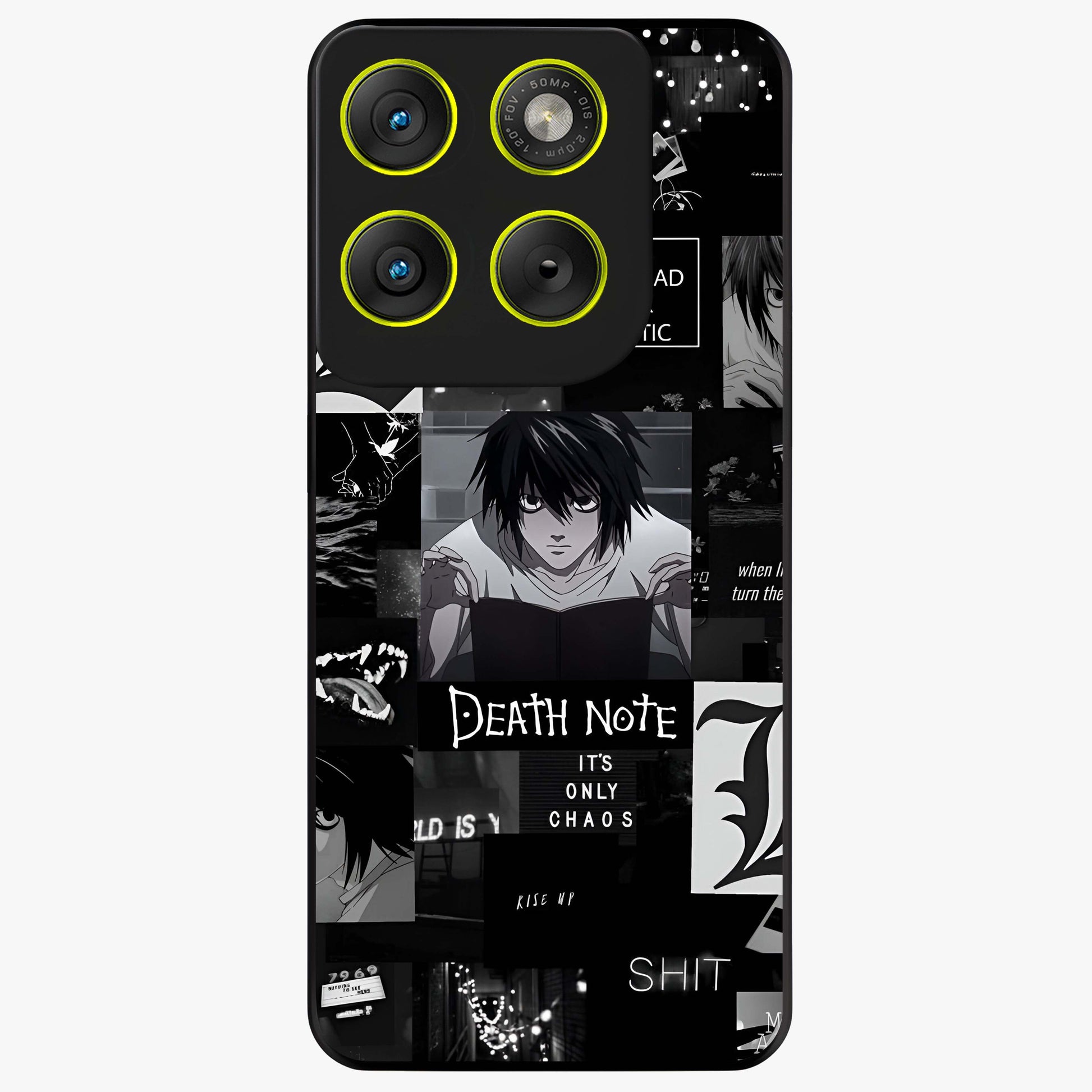 Midnight Chaos Mind Glass Case showing flat back view with abstract dark themed artwork and glossy glass finish.