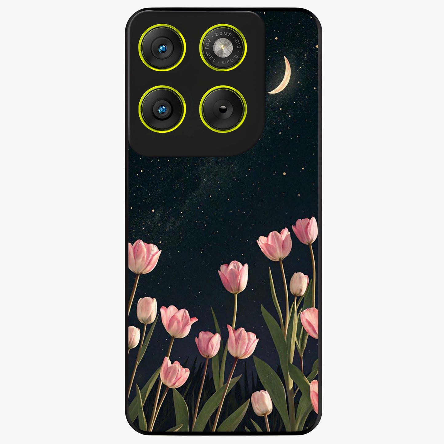 Midnight Tulip Whispers Vibe Glass Case showing flat back view with elegant tulip flower artwork and glossy glass finish.
