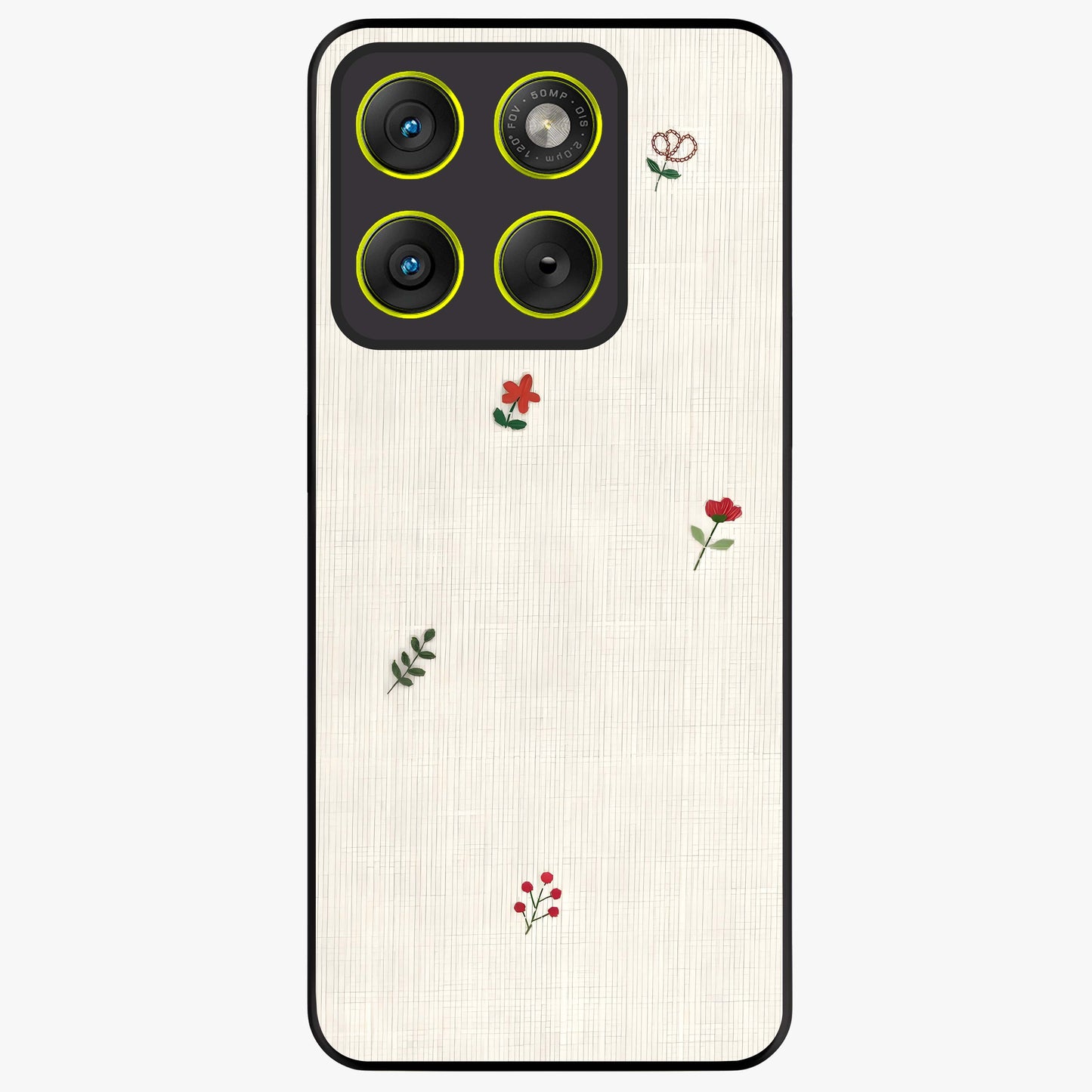 Minimal Petal Whispers Glass Case showing flat back view with soft minimal floral artwork and glossy glass finish.