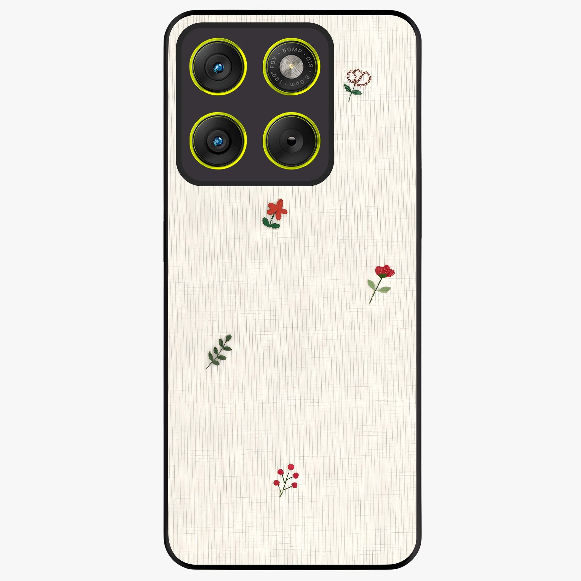 Minimal Petal Whispers Glass Case showing flat back view with soft minimal floral artwork and glossy glass finish.