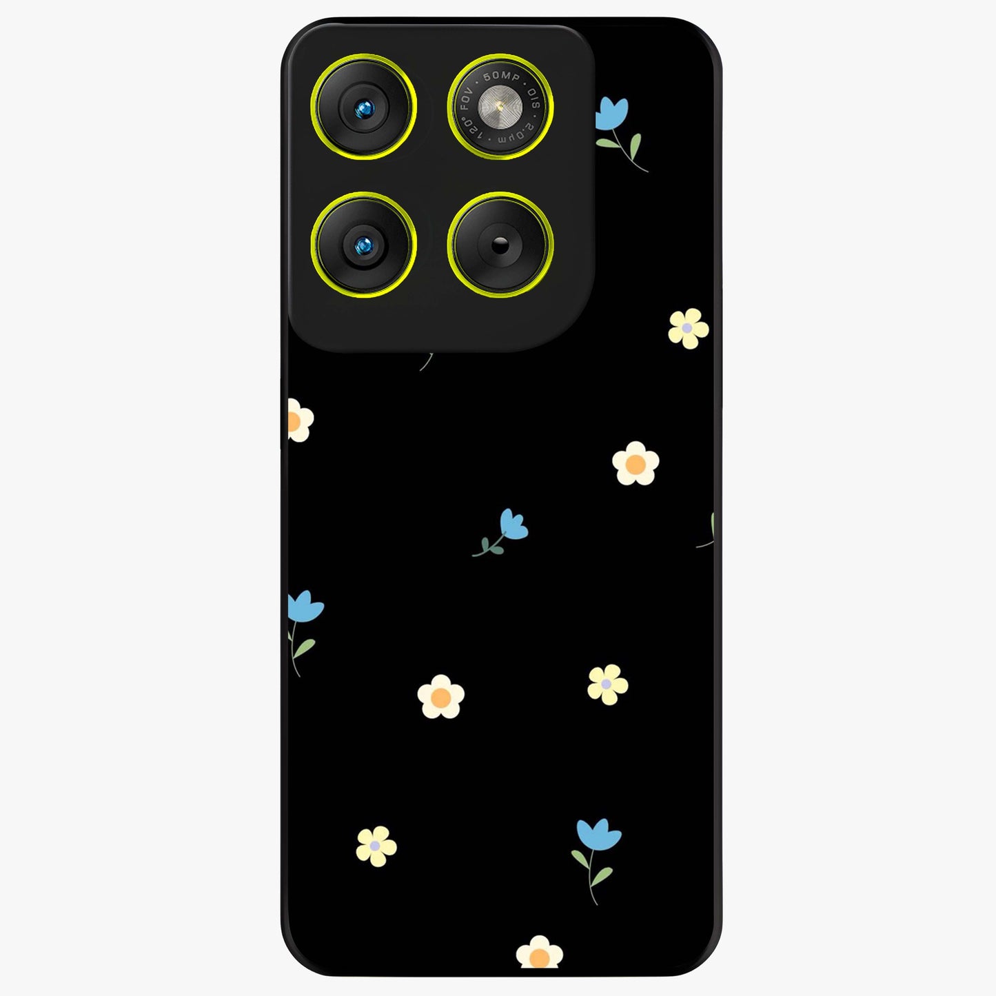 Minimalistic Blue With White Flower Pattern Glass Case showing flat back view with blue background and white flower pattern and glossy glass finish.